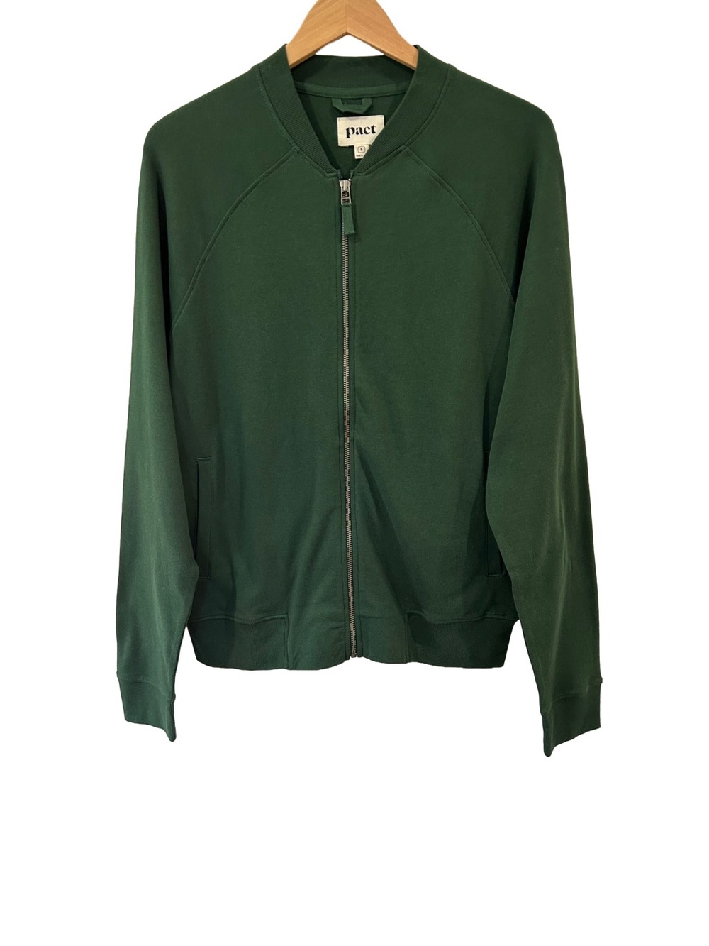 Pact men’s Airplane Zip Bomber jacket S green relaxed fits organic cotton NWOT
